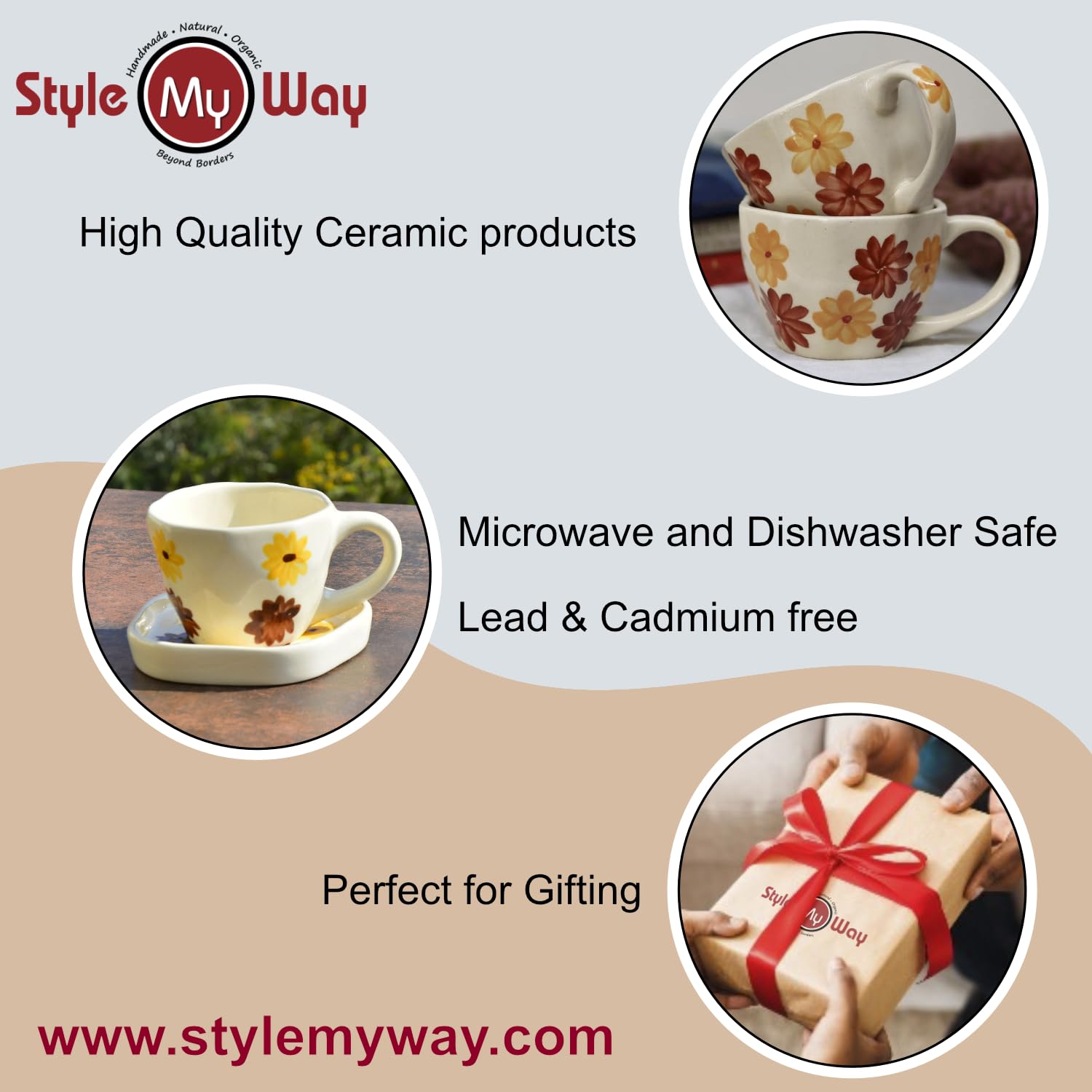 Hand Painted Ceramic Cup & Saucer Set Of 2 - Yellow & Brown, 250ml Each | Microwave Safe Tea Cups & Mugs - Chai Cups & Plates