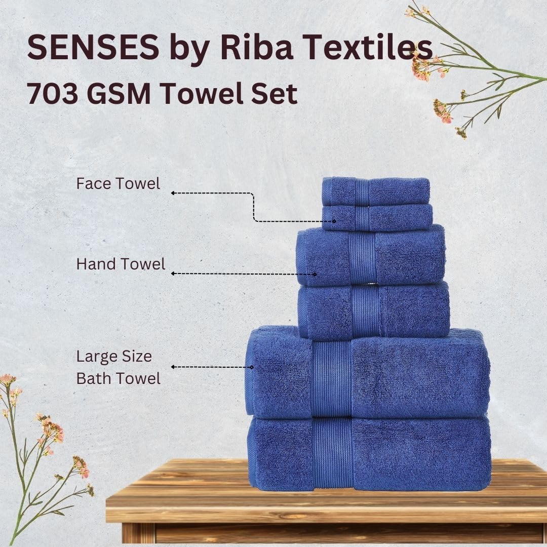 Senses By Riba Cotton Towel Bath, Hand & Wash 703 Gsm | All Cotton Zero Twist Premium Hotel & Spa Quality Highly Absorbent | Pack Of 6 (Navy)