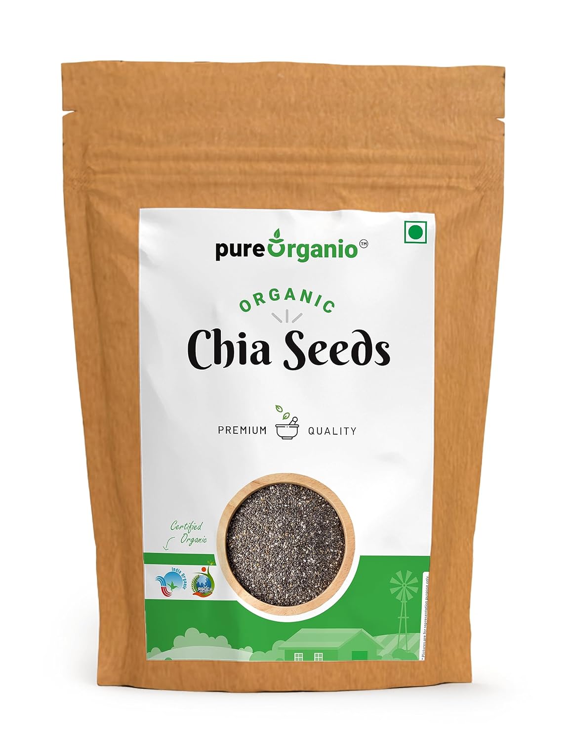 Pure Organio Organic Chia Seeds Npop Indian Organic Certified High Fiber Seeds For Eating, Rich In Omega - 3, Protein & Antioxidants, Sabja Seeds For Smoothies | 500gm 1.1lbs