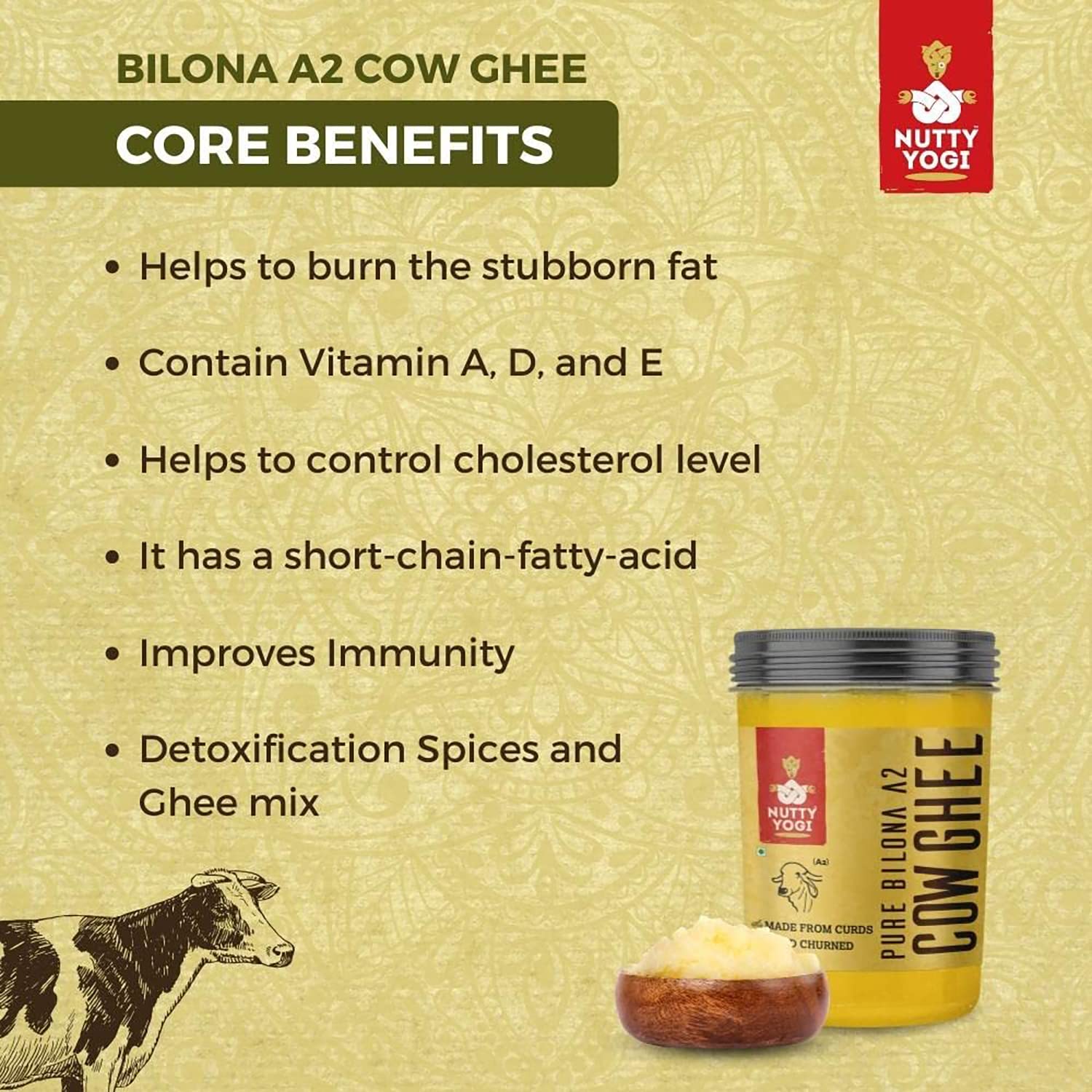 Premium Pure Bilona A2 Desi Cow Ghee By Nutty Yogi | Delicious & Nutritious Healthy Desi Cow Ghee Good For Weight Loss | (250ml) 8.4 Ounce | Jar Pack