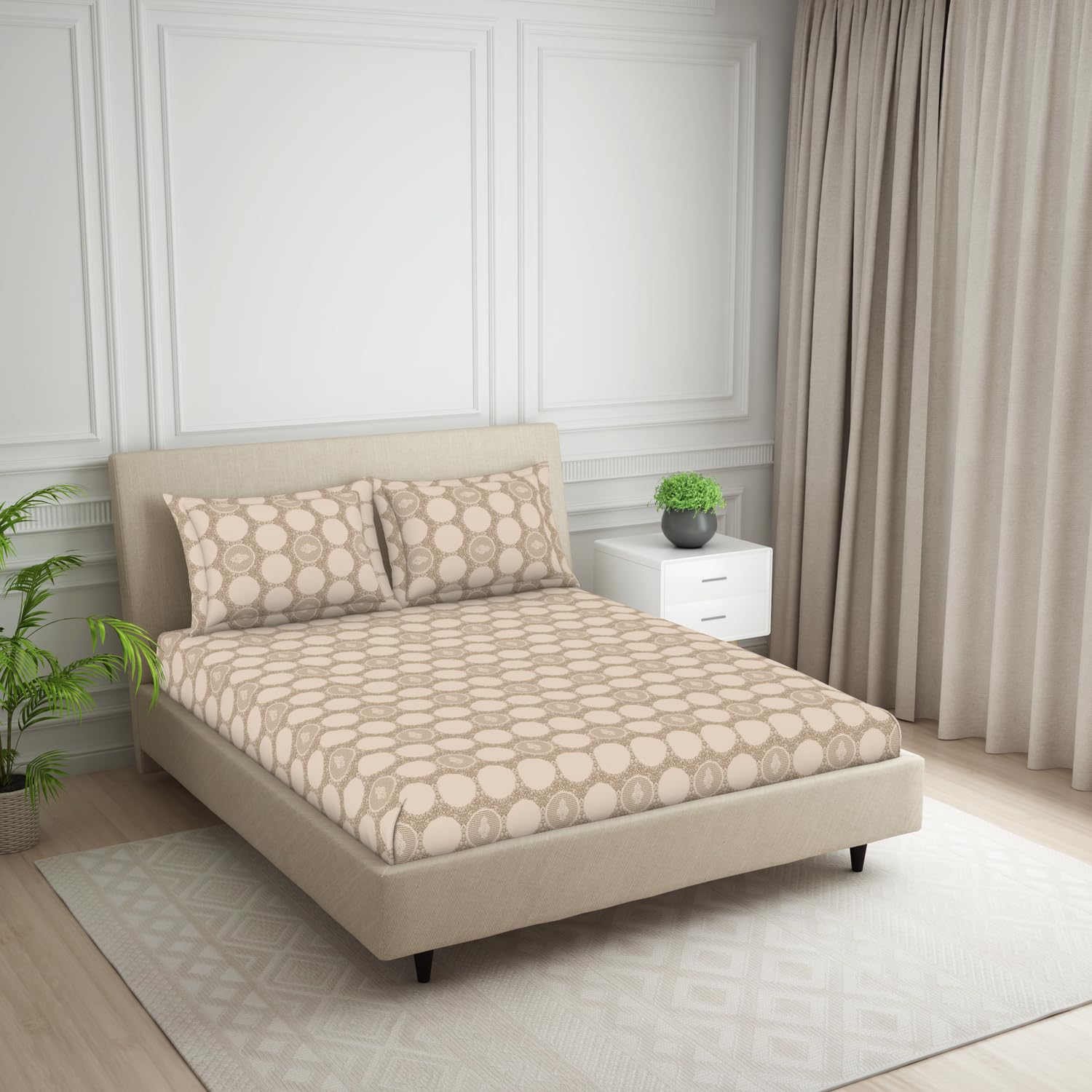 Double Bedsheet For Queen Size 2 Matching Pillow Cover - 88 X 100 Inches, Beige | Durable & Long Lasting Wrinkle Resistant Fabric - Skin Safe & Super Soft