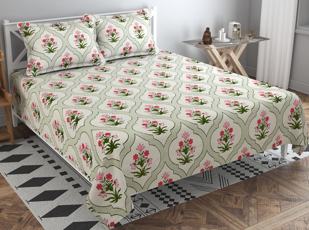 100% Cotton Double Bed Bedsheet Set With 2 Matching Pillow Covers | 90 X 90 Inches, Pista & Pink- Ideal For Villas, Guest Houses, & Daily Home Use Double Bedsheet