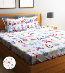 Microfiber Kids Cartoon Elastic Fitted Double Bedsheet With 2 Pillow Covers | 78 X 72 Inches, Multicolor | Normal Hand Wash Or Machine Wash