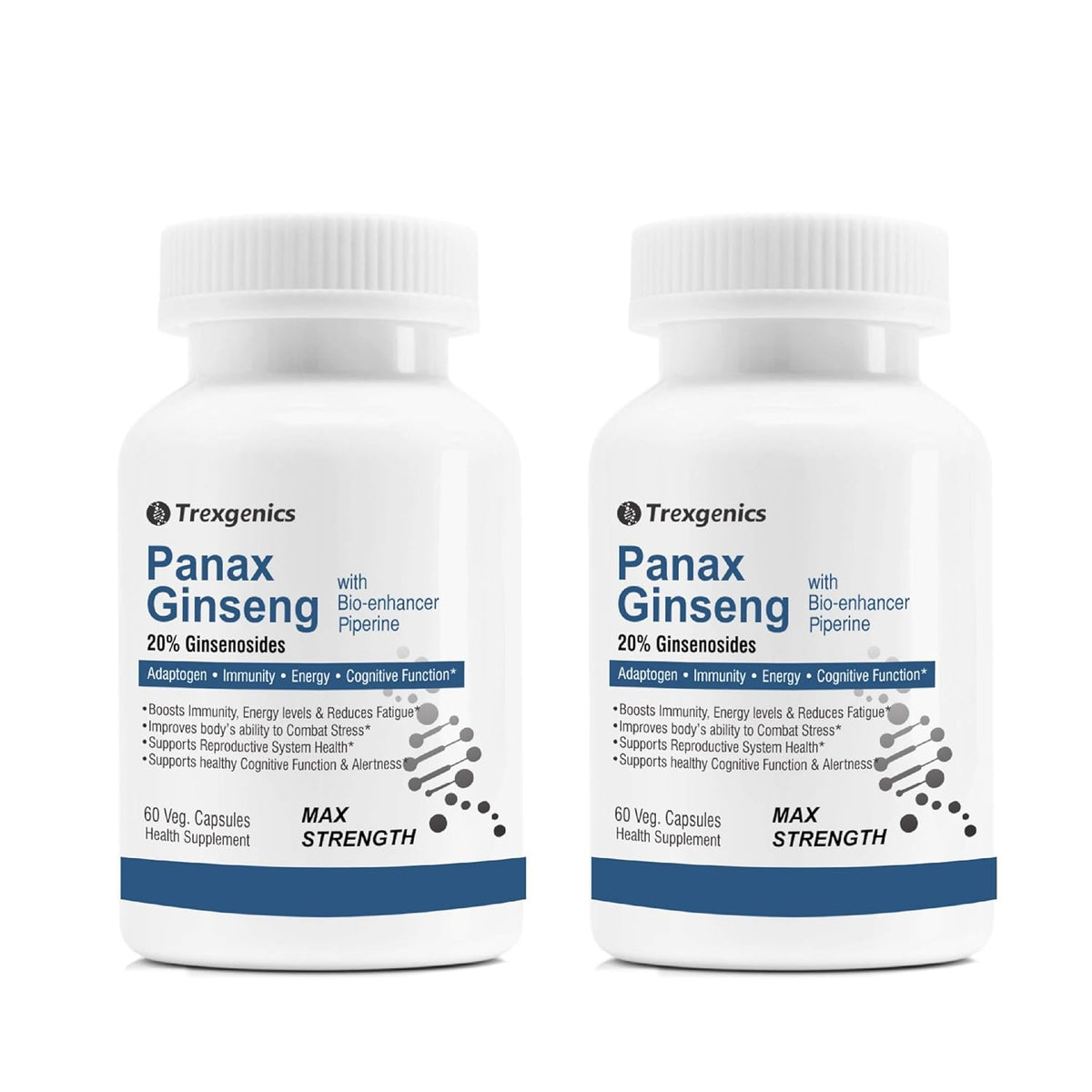 Trexgenics Panax Red Korean Ginseng 20% Ginesenosides 500mg Premium With Bio - Enhancer Piperine 5mg Adaptogen, Immunity, Energy, Cognitive Function | 60 Veg Capsules 100gm 0.2lbs Each Pack Of 2