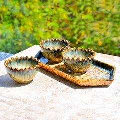 Luxurious Sea Weed Float Glaze Decorative Hexagonal Tray With 3 Nut Serving Cut Bowls | Tray - 13.5 Inches, Bowl - 4 Inches, 200ml Each, Weight - 1650 Gm | Serving Tray With Snack Bowls