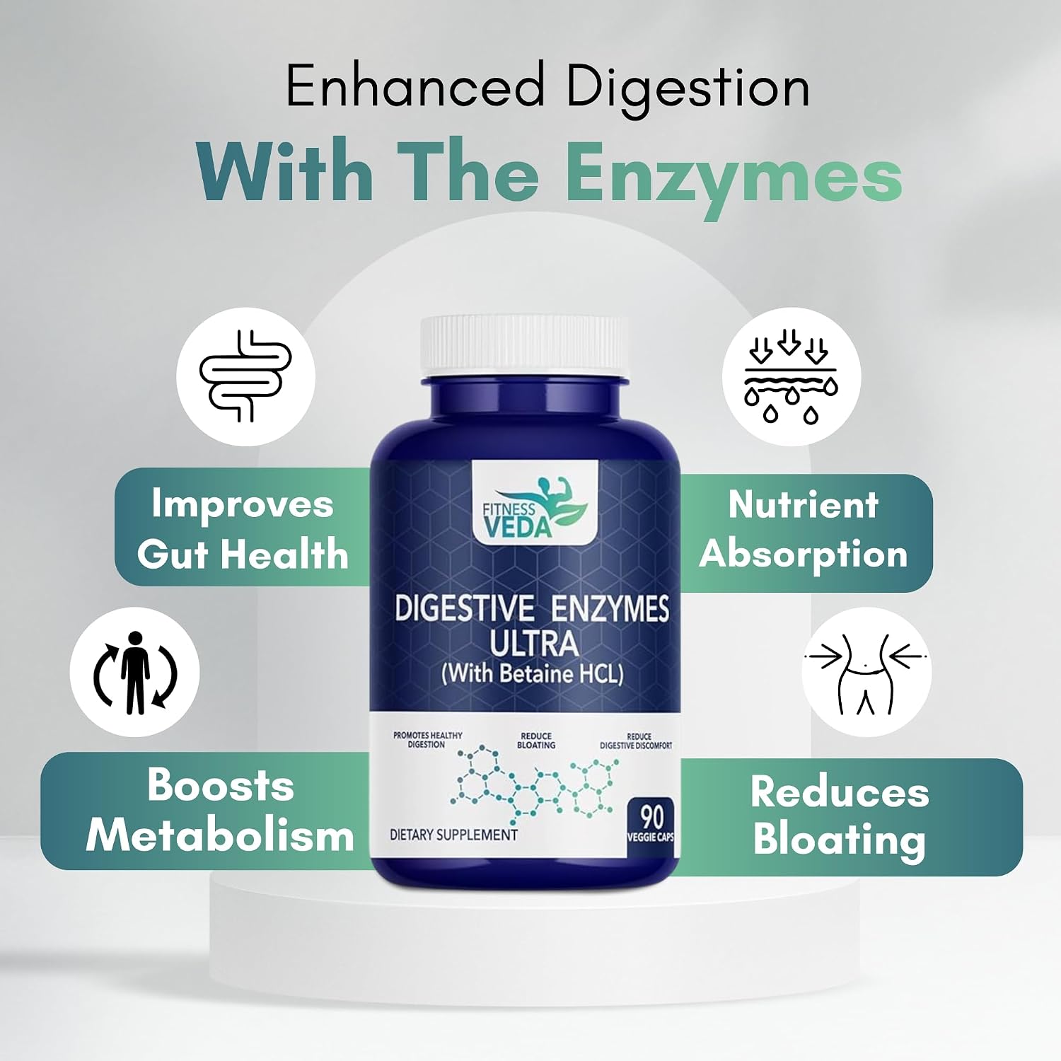 Fitness Veda Digestive Enzymes Ultra With Betaine Hcl - Full Spectrum Digestive Enzyme Supplement | 90 Capsules , 150gm 0.3lbs