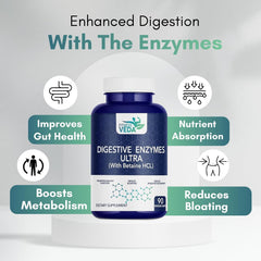 Fitness Veda Digestive Enzymes Ultra With Betaine Hcl - Full Spectrum Digestive Enzyme Supplement | 90 Capsules , 150gm 0.3lbs