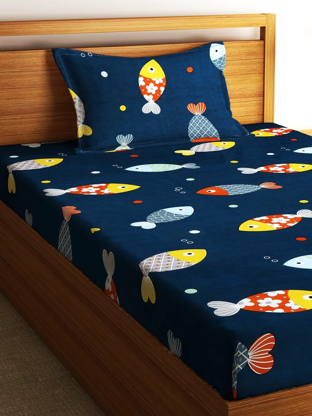 Single Bedsheet With One Matching Pillow Cover - 55 X 90 Inches, Navy Blue | Microfiber Kids Fishes Bedsheet | Normal Hand Wash Or Machine Wash