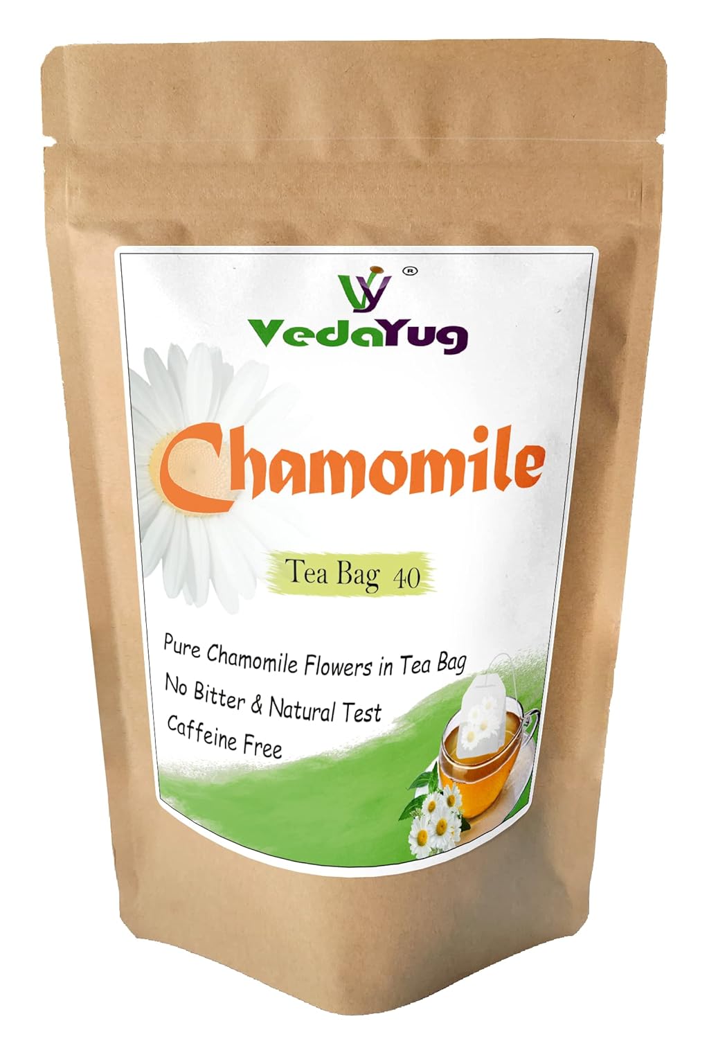 VedaYug Chamomile Herbal Tea - 40 Tea Bags, 52gm, 1.8 Ounce | Rich Flavor & Fragrance, Sleep & Stress Relief Tea - Caffeine Free, No Additives | Use For Ice & Hot Tea