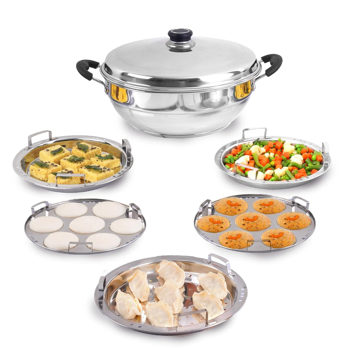 Stainless Steel Idli Maker, Dhokla Maker, Momo Maker - Multi Pot & Steaming Set | Large, 5 Plates, 29cm 11.3 Inch, 4.2 Liters, 1.5 Kg - Nonstick 3-Layer Bottom | Induction Friendly