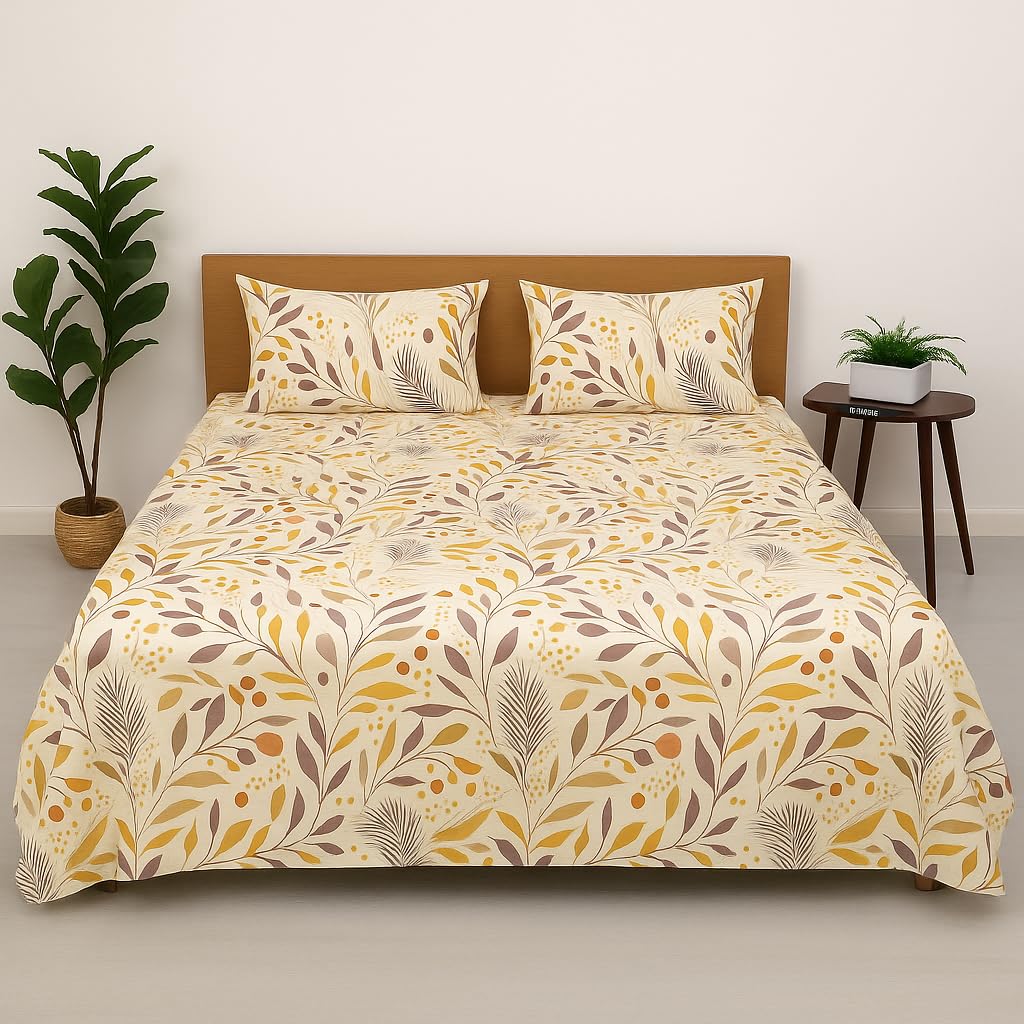 King Size Bedsheet With 2 Pillow Covers - 108 X 108 Inches, Cream & Brown | Wrinkle & Fade Resistant Bedding | Perfect For Homes, Hotels, Villas, Resorts & Guest Houses