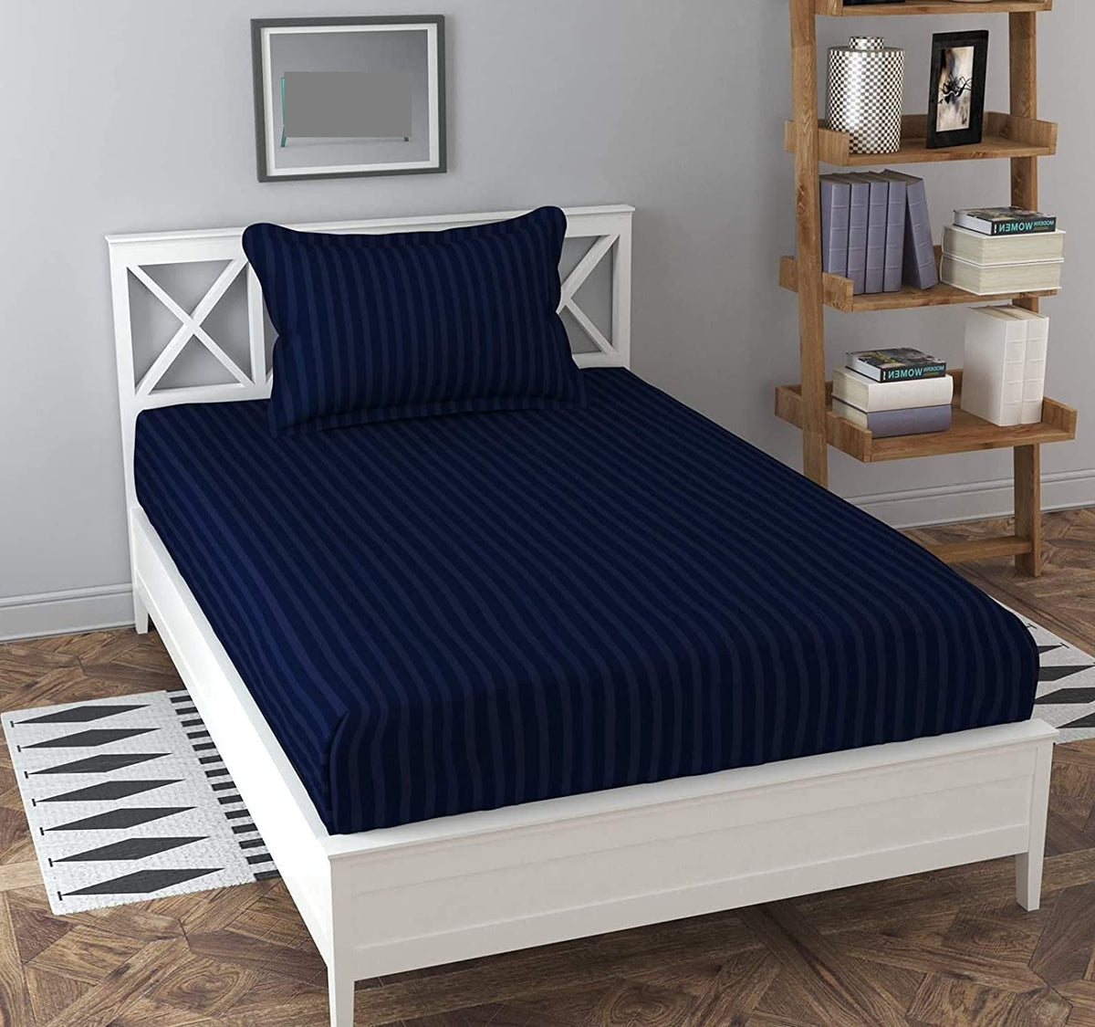 Bedsheet Single Size Elastic Fitted With 1 Pillow Cover - 48 X 72 X 8 Inches, Dark Blue | Soft Touch To Skin | Perfect Ideal For House, Hotel, Guest House Bedsheet