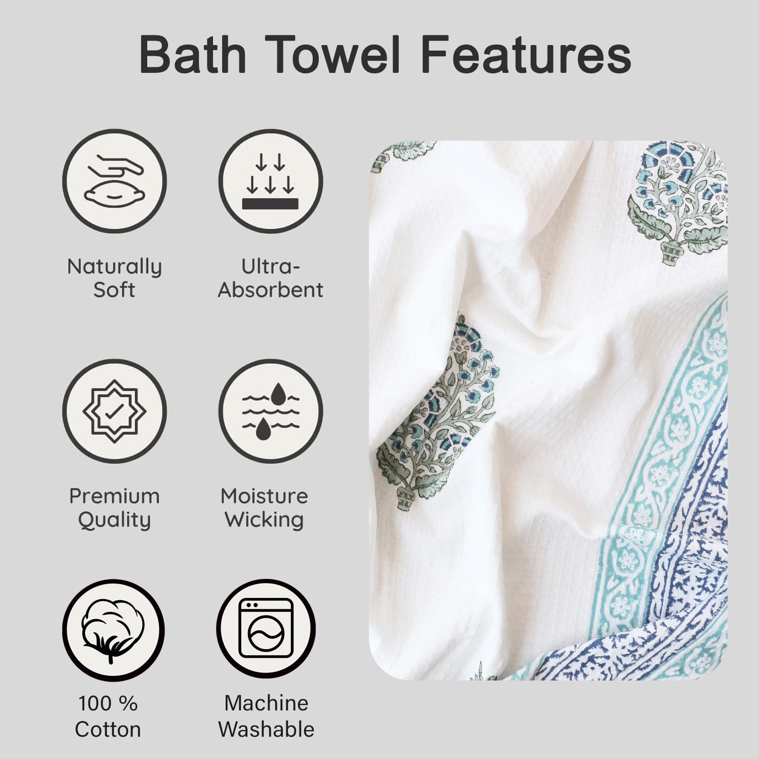 Urbano Homz 100% Cotton Large Size Waffle Weave Bath Towel 200 Gsm | Lightweight & Quick Dry Waffle Weave Ethnic Soft Towels (Grey & Teal)