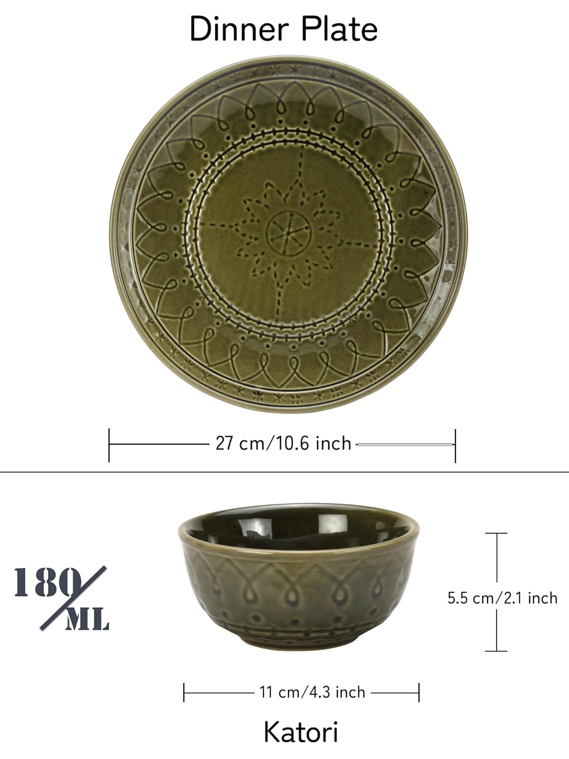 Handcrafted Stoneware Embossed Dinner Set Of 4 - Ceramic Pack Of 8 Pcs, Moss Green | 4 Dinner Plates + 4 Bowl Or Katoris, 180ml Each - Microwave & Dishwasher Safe | Serving For 4