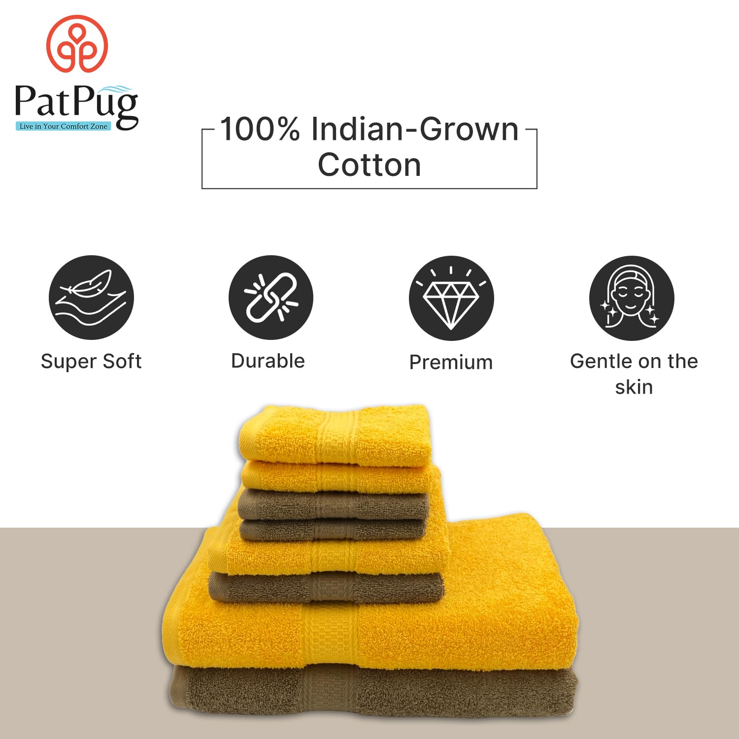 Patpug 100% Indian Cotton Plush Towel Set 2000 Gsm | Highly Absorbent, Fade Resistant, Quick Drying 2 Bath, 2 Hand & 4 Face Towel (Sepia Brown & Sunrise Yellow) - 8 Piece