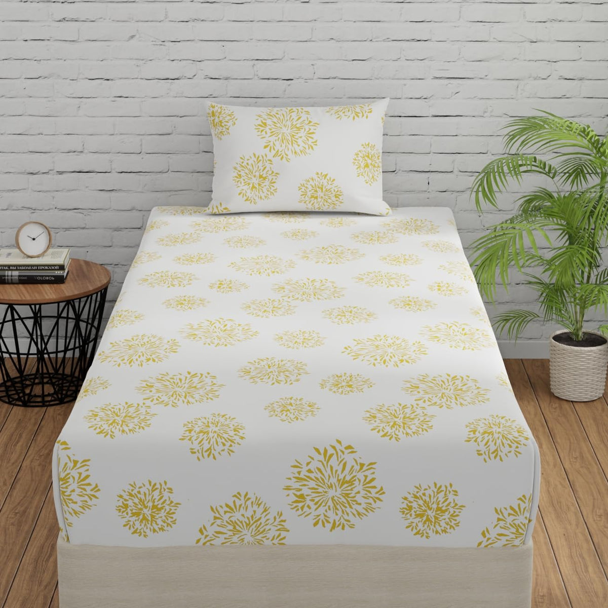 1 Single Bedsheet With 1 Pillow Cover | Durable & Long Lasting Fabric, Easy Hand & Machine Wash | Size - 55 X 88 Inches, White & Yellow