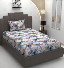 Cotton Elastic Fitted Bedsheets Single Bed With 1 Pillow Covers - 36x78x8 Inches, Multicolor | Coordinated Print Design Bedsheet | 210 Thread Count