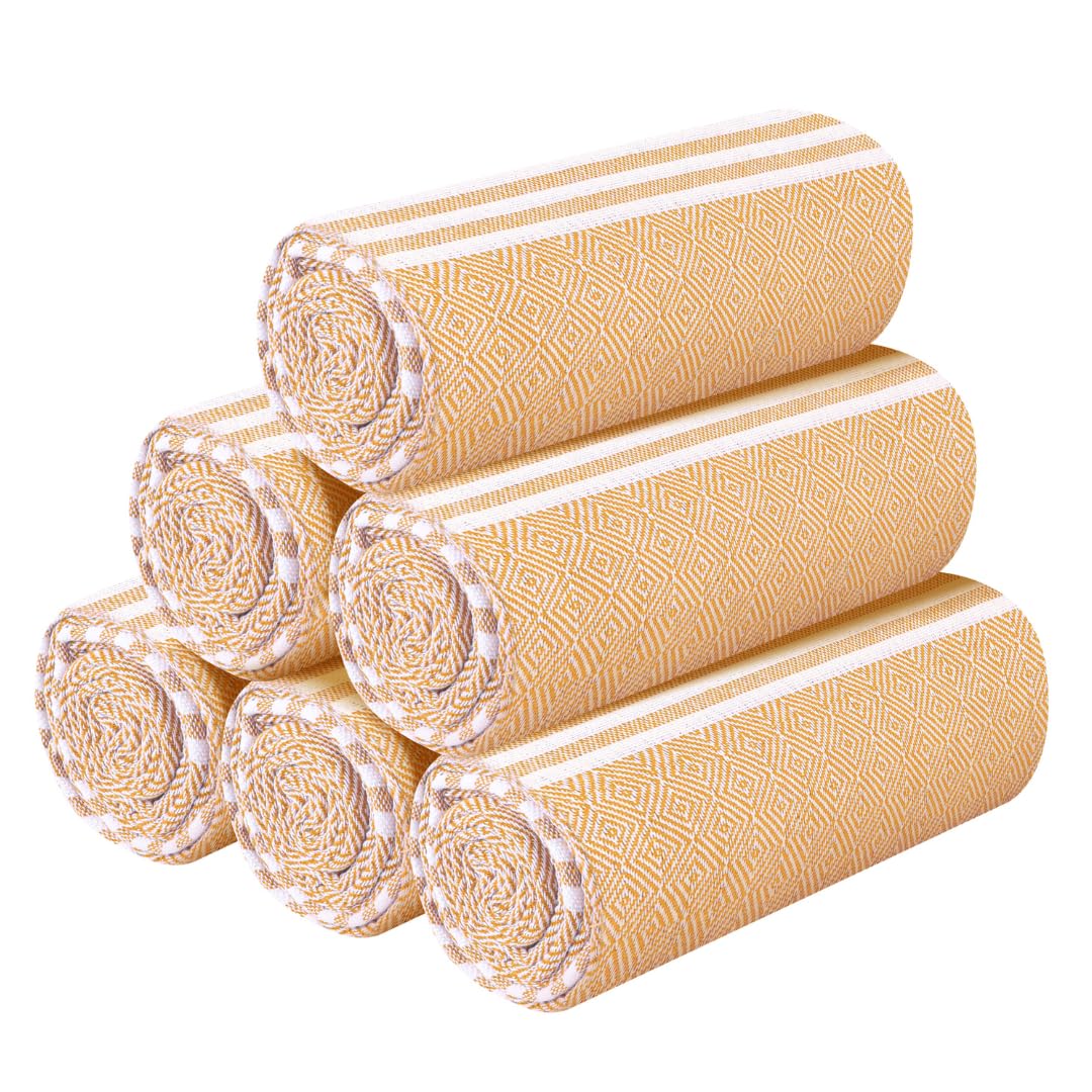 Destin Home Turkish Peshtemal Beach Towels 2 Kg | Cotton Soft, Lightweight, Quick-Drying & Absorbent For Beach Pool Spa Picnic Travel (Yellow)- Set Of 6