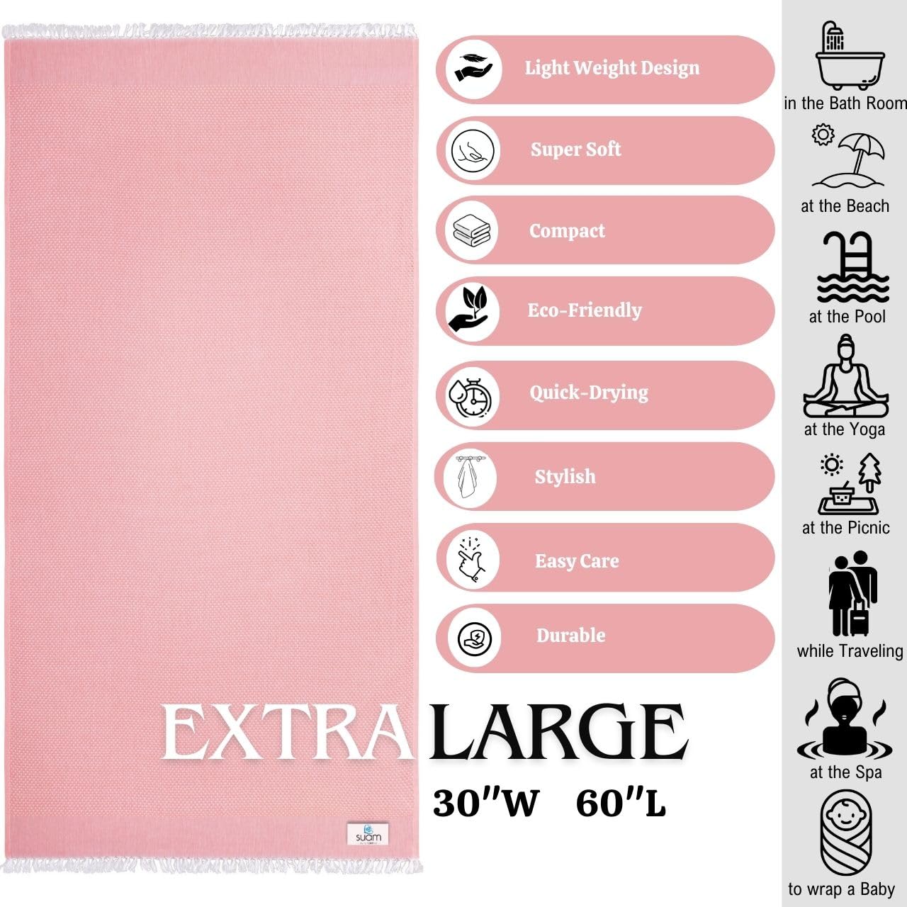 Suam Mellow Turkish Cotton Towel 300 Gsm | Best Absorbent Towel Pre-Shrunk, Lightweight, Quick Dry Bath Towel (Coral Pink)