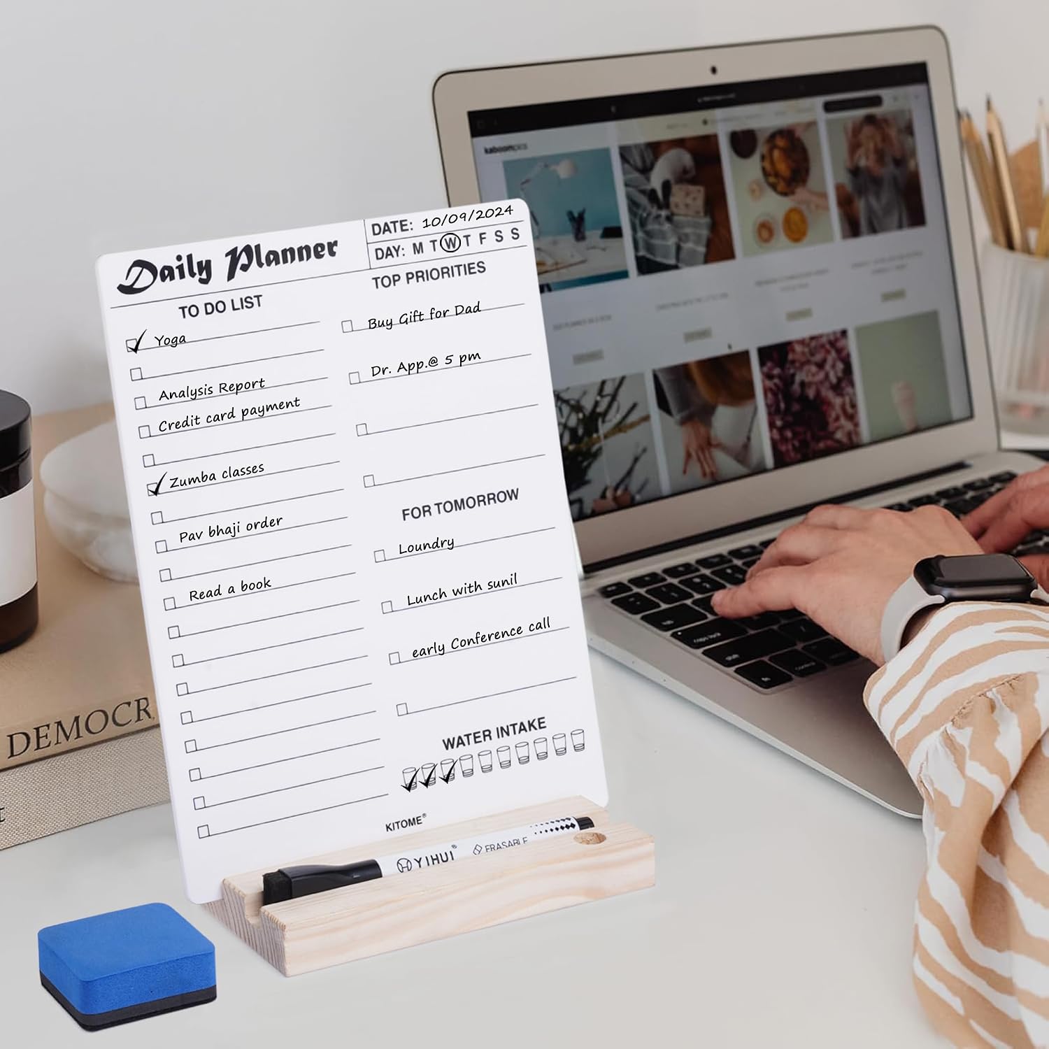 To Do List Planner, Acrylic Daily Planner Dry Erase Board, With Wooden Base, 1 Marker & Duster