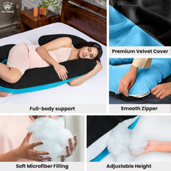 Full Body C Shape Pregnancy Pillow For Women, Maternity Pillow, Black & Sky Blue | Pillow Gift For Pregnancy Sleeping, Premium Velvet Cover With Zip | Adjustable, Relieves Pain, Multipurpose