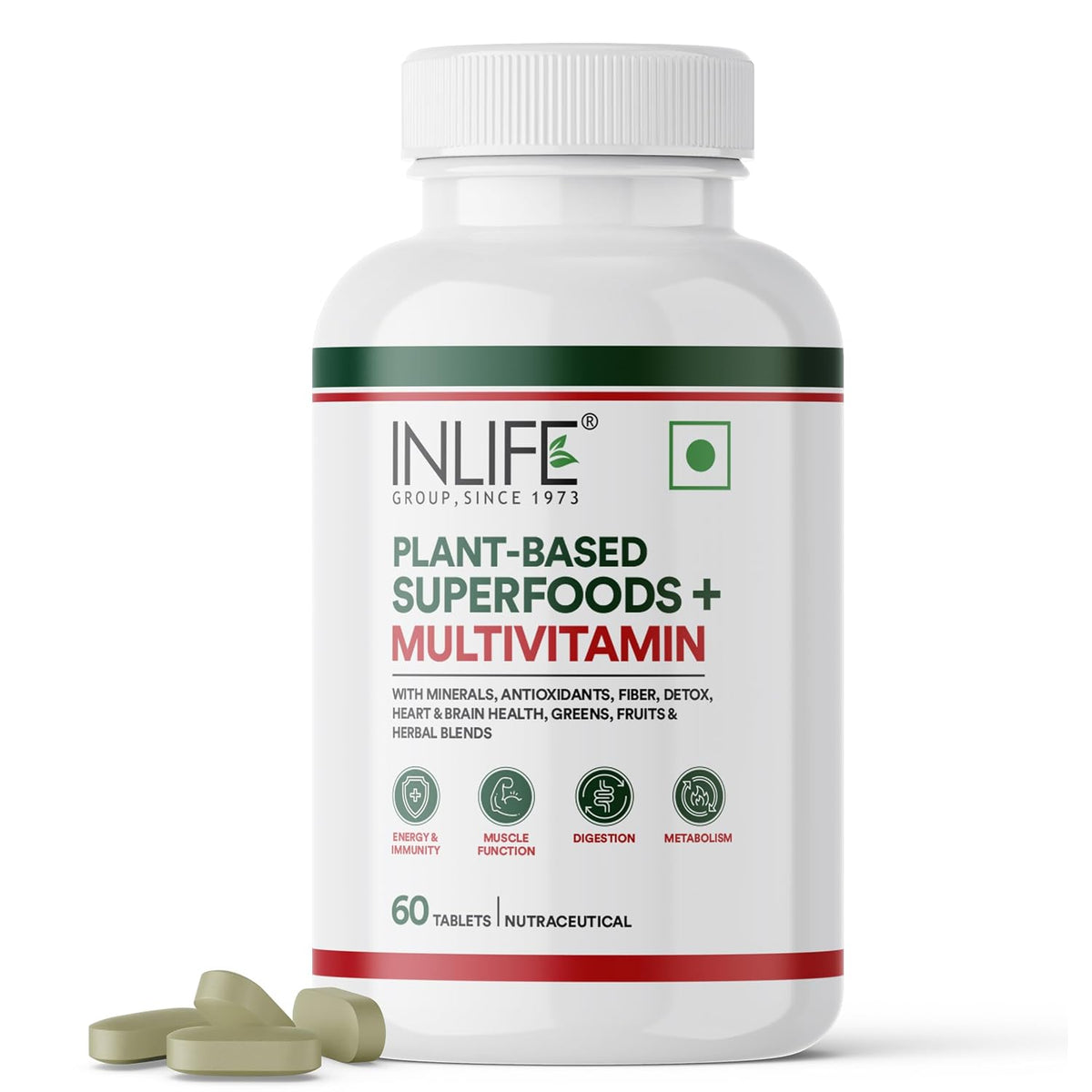 Inlife Plant Based Multivitamin For Men & Women , 75+ Ingredients With Vitamins B12, D3, Superfoods, Greens, Vegetables, Fruits & Herbs For Immuntiy | 60 Tablets , 100gm 0.2lbs