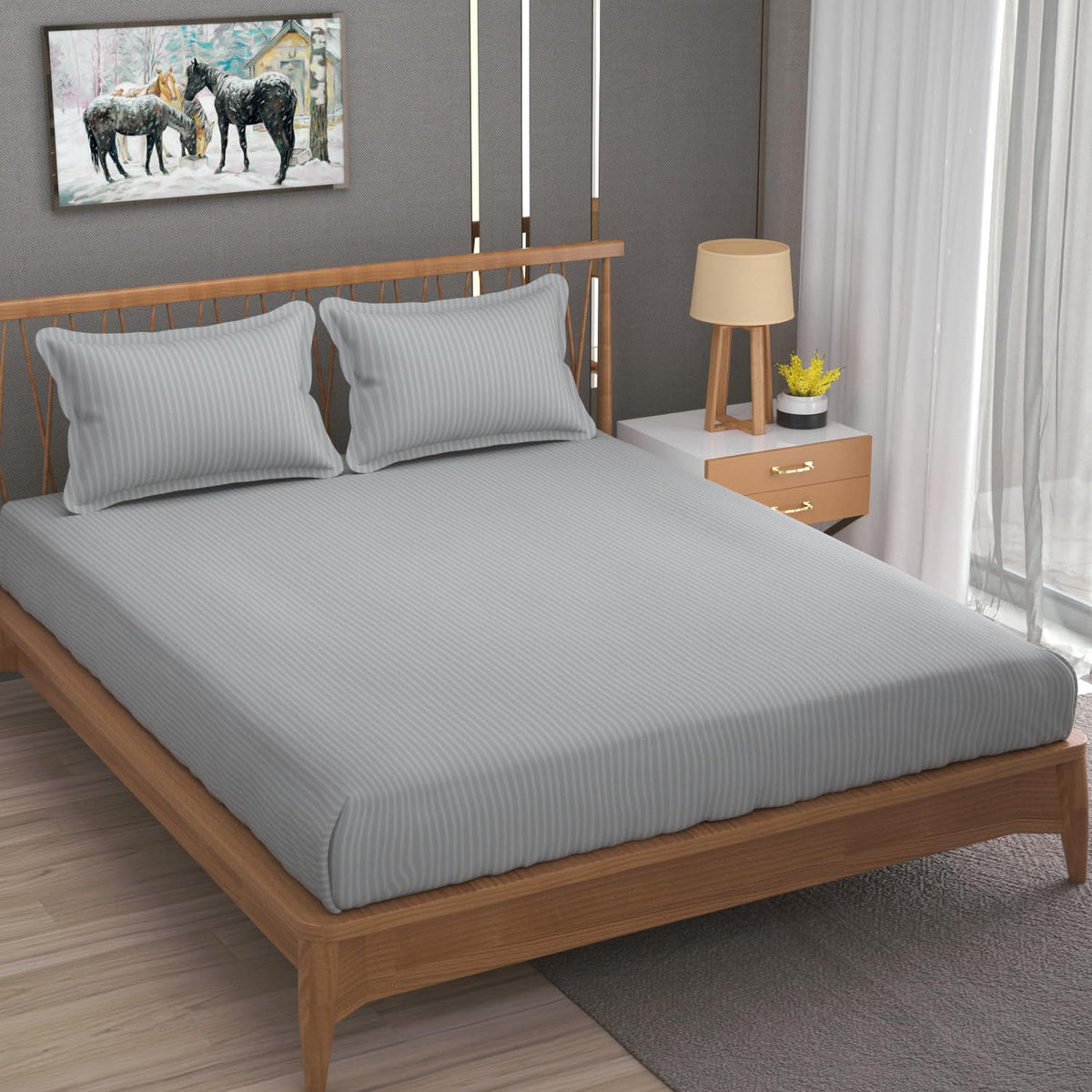 Cotton Elastic Fitted King Size Double Bed Bedsheet With 2 Pillow Covers - 72x78x6 Inches, Silver | Durable Bedsheets For Everyday Comfort