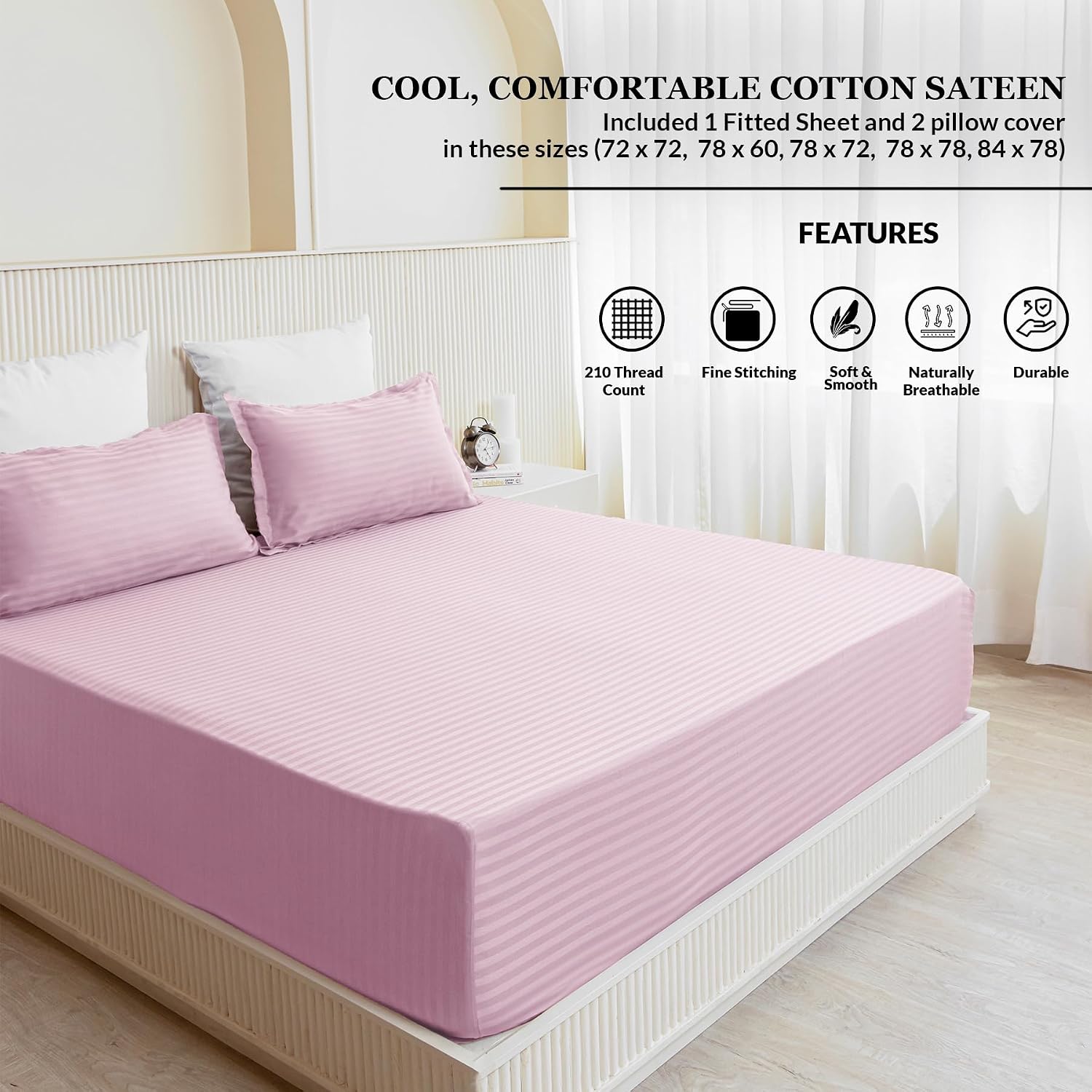 210 TC Cotton Double Bed Fitted Bedsheets With 2 Pillow Cases - 78 X 72 Inches, Light Pink | Satin Stripes Wrinkle Free | Comfortable Fabric Bedsheet
