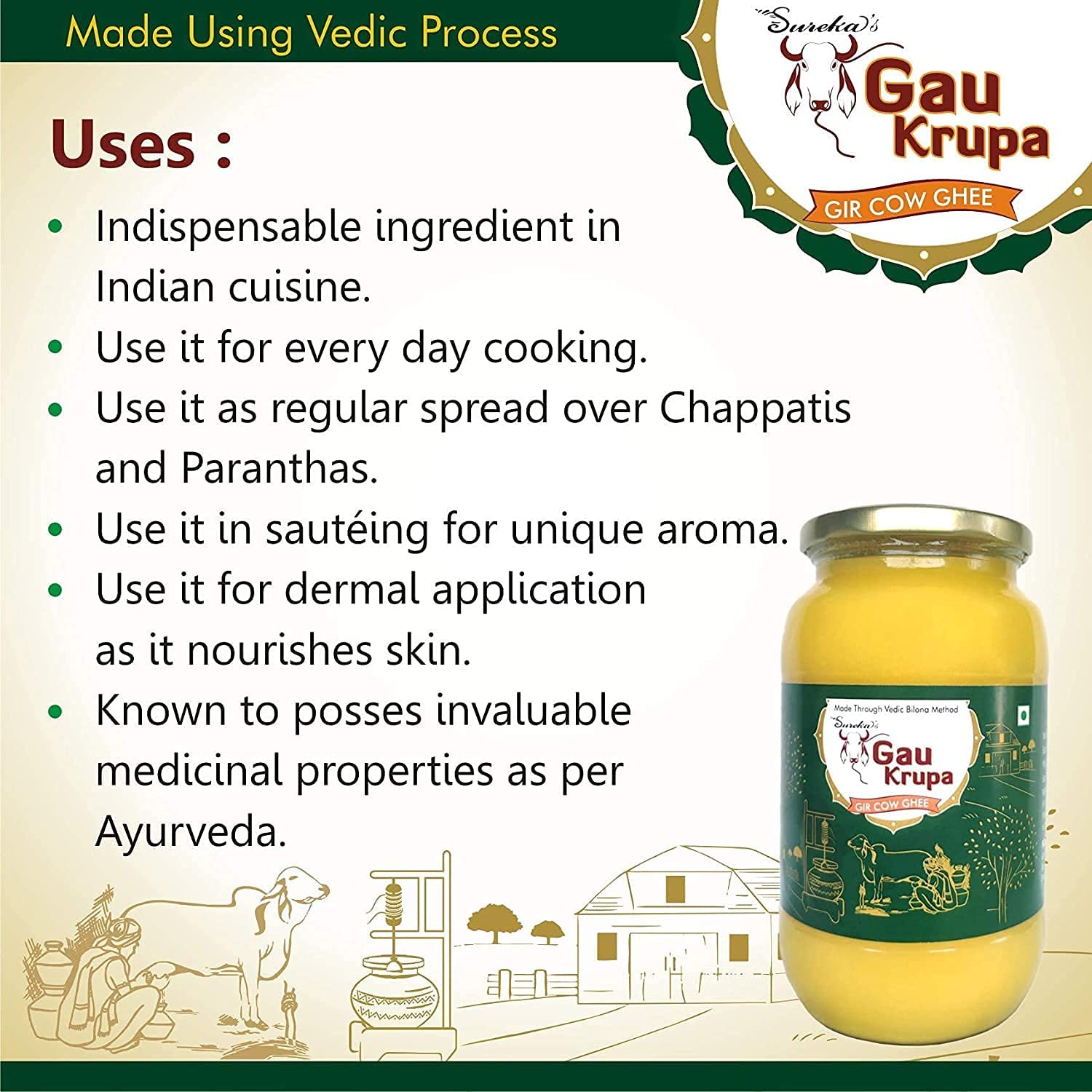 Organic Gir Cow Desi Ghee By Gau Krupa | Vedic Bilona Method Gir Gaay Ghee Good For Taste | (100ml) 3.3 Ounce | Jar Pack