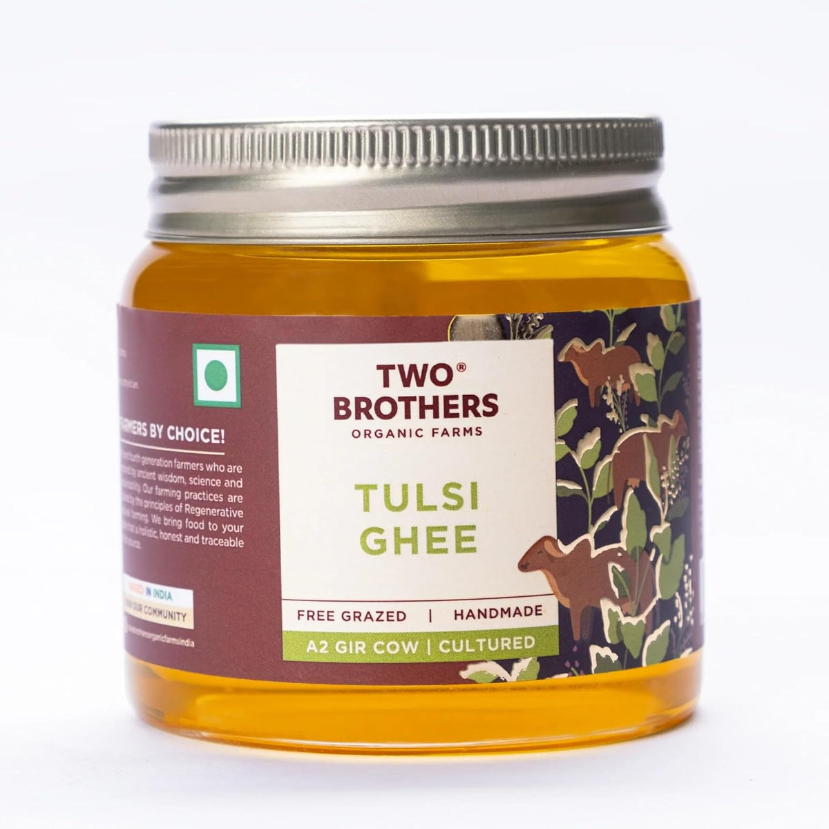 100% Pure A2 Gir Cow Tulsi Ghee By Two Brothers Organic Farms | Rich In Nutrients Healthy & Protein Fiber Desi Ghee Perfect For Desserts | (250ml) 8.4 Ounce | Jar Pack