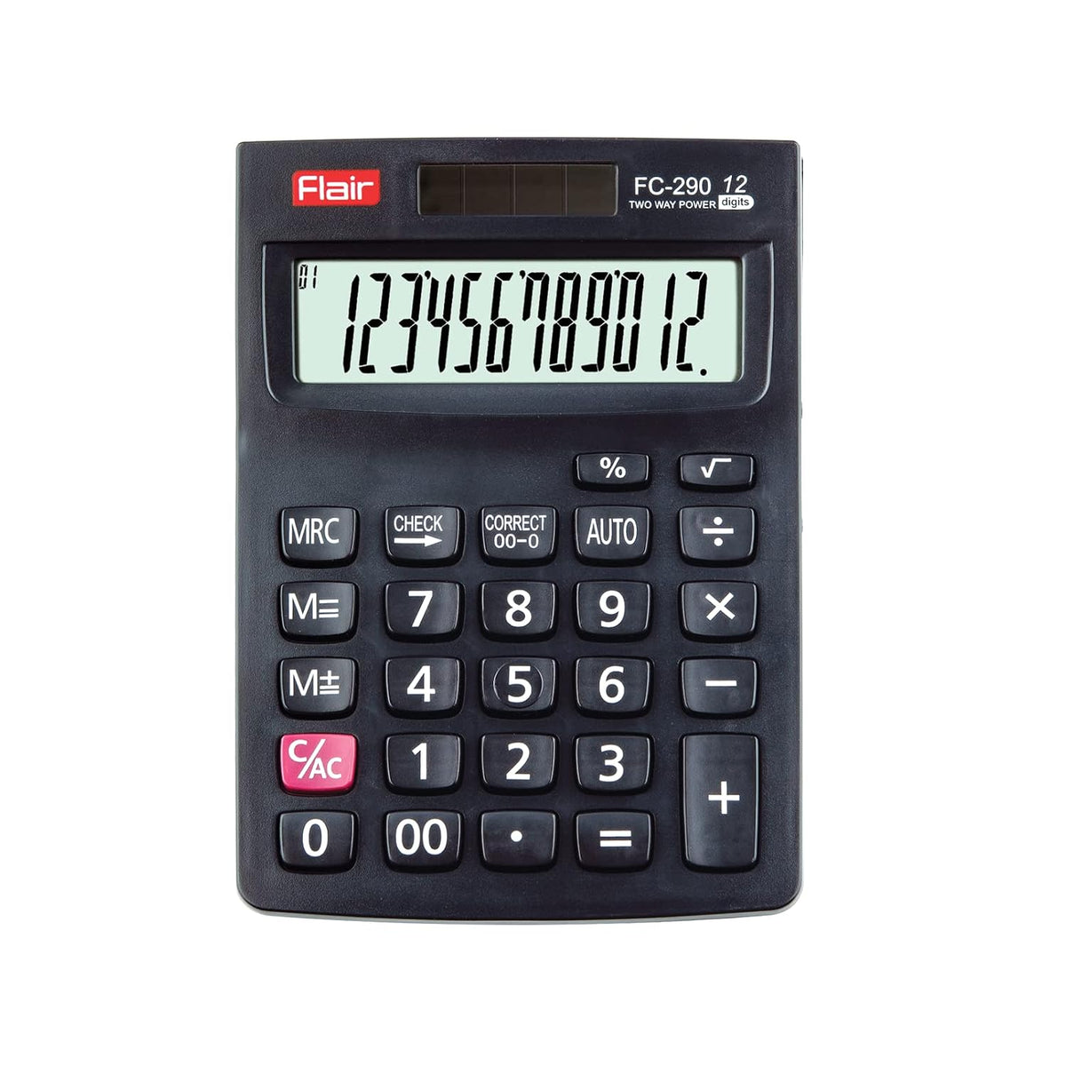 Flair FC-290 Desktop Calculator | 12 Digits Calculator, 112 Steps Check & Correct | Square Root Function | Dual Power With Solar | Ideal For Use School, College & Corporate | Black