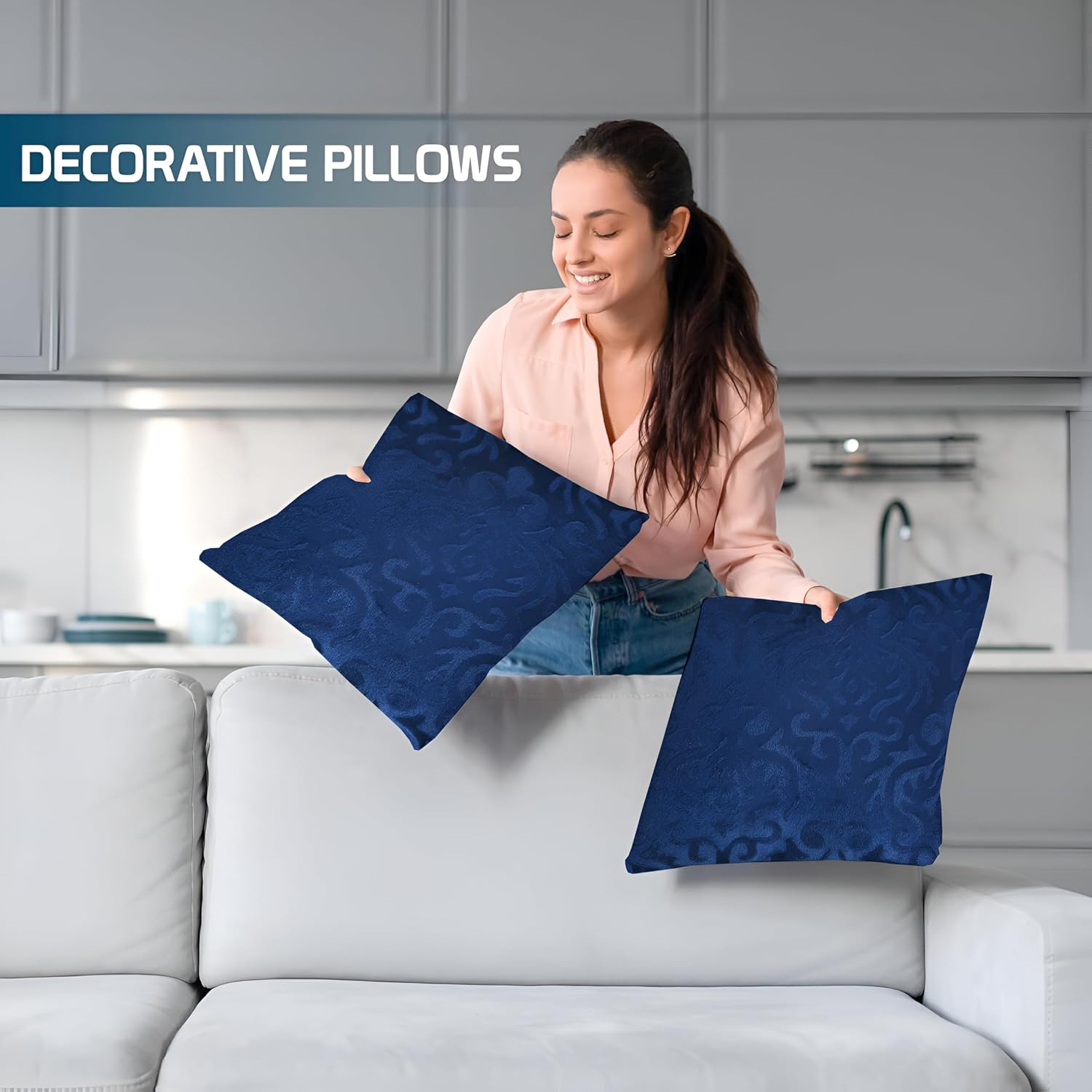 Microfiber Square Pillow Cushion For Sofa & Bed, Navy Blue - 12 X 12 Inch | Soft, Fluffy For Comfort & Back Support | Breathable, Washable | Premium Velvet Outer Cover With Zip - Set Of 2