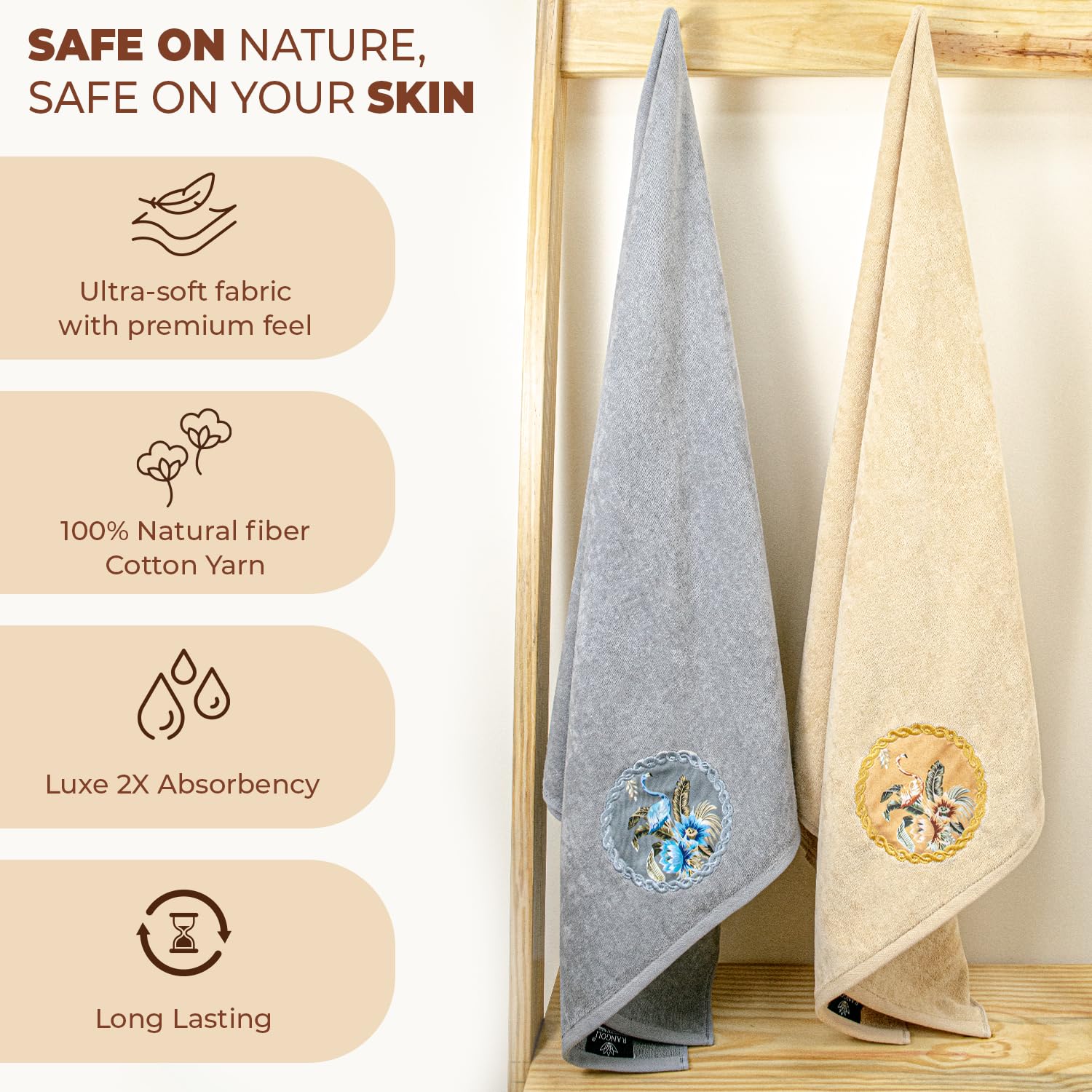 Akiko Home Prima Dream 100% Cotton Bath Towels 900 Gsm | Soft, Absorbent & Durable, Cotton Bath Towel | Pack Of 2 (Beige & Grey)