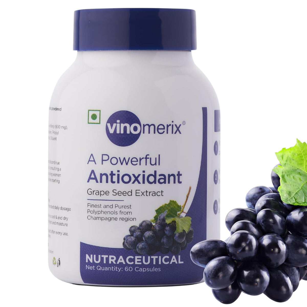 Vinomerix Antioxidant, Grape Seed Extract, Helps In Reducing Blood Pressure, Oxidative Stress & Improve Blood Circulation | 600mg 60 Veg Capsules 100gm 0.2lbs