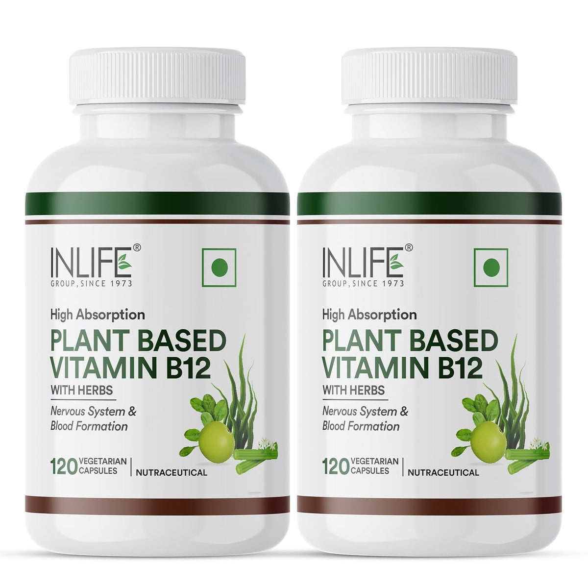 Inlife Plant Based Vitamin B12 Supplements For Men & Women | Supports Nerve Health & Brain Health | B12 From Spirulina Extract | 120 Vegetarian Capsules , 200gm 0.4lbs , Each Pack Of 2