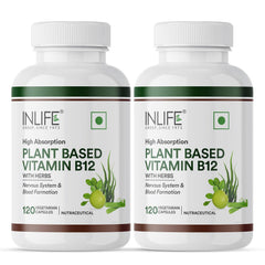 Inlife Plant Based Vitamin B12 Supplements For Men & Women | Supports Nerve Health & Brain Health | B12 From Spirulina Extract | 120 Vegetarian Capsules , 200gm 0.4lbs , Each Pack Of 2