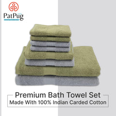 Patpug 100% Indian Cotton Plush Towel Set 2000 Gsm | Highly Absorbent, Fade Resistant, Quick Drying 2 Bath, 2 Hand & 4 Face Towel (Silver Grey & Oliver Green) - 8 Piece