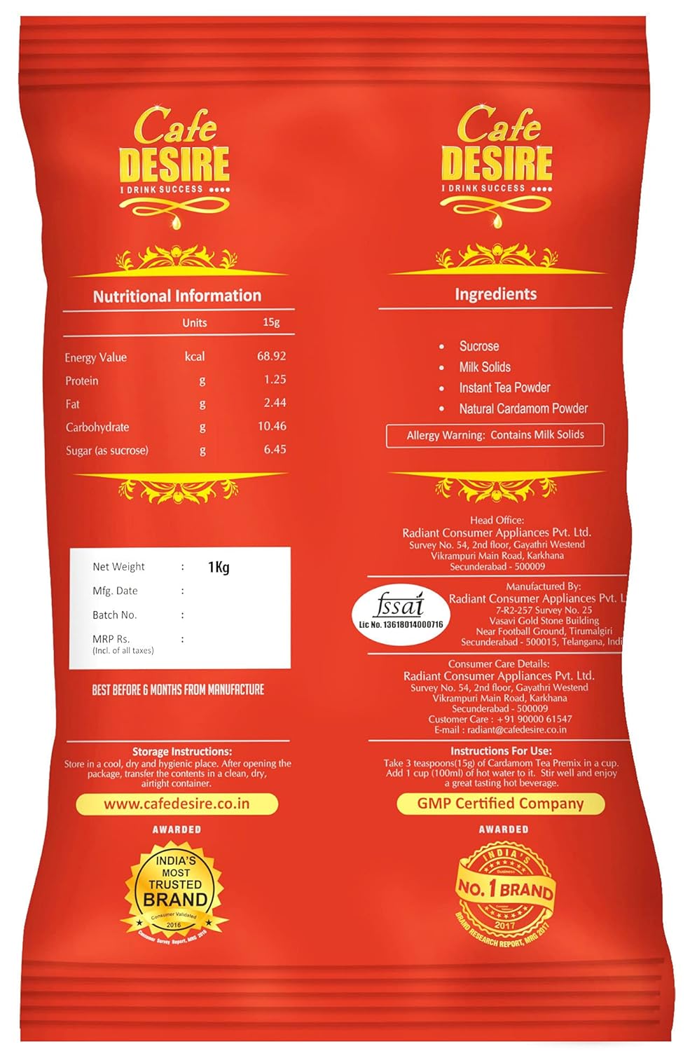 Cafe Desire Cardamom Tea Premix Pack Of 3 X 1 Kg, 35.2 Ounce Each | Just Add Hot Water No Milk Needed - Makes 250 Cups | Rich Home Made Taste - For Manual Use & Vending Machines