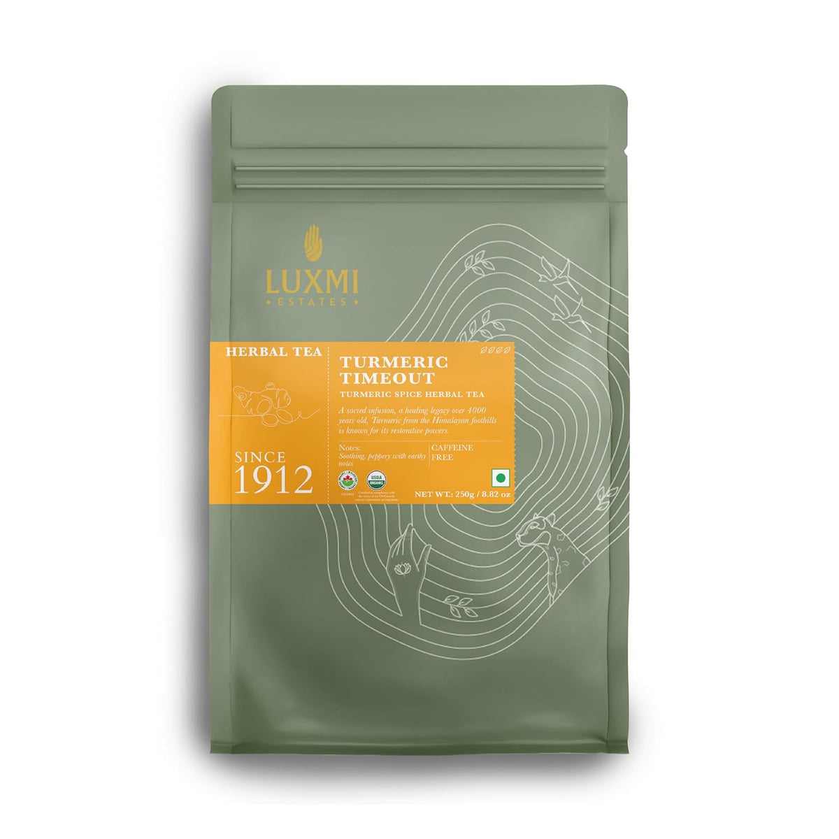Luxmi Estates Turmeric Timeout Spice Herbal Tea - 250gm, 8.8 Ounce | USDA Certified Organic Herbal Tea - Caffeine Free Herbal Tea | Made With Turmeric, Ginger, Cardamom, Black Pepper