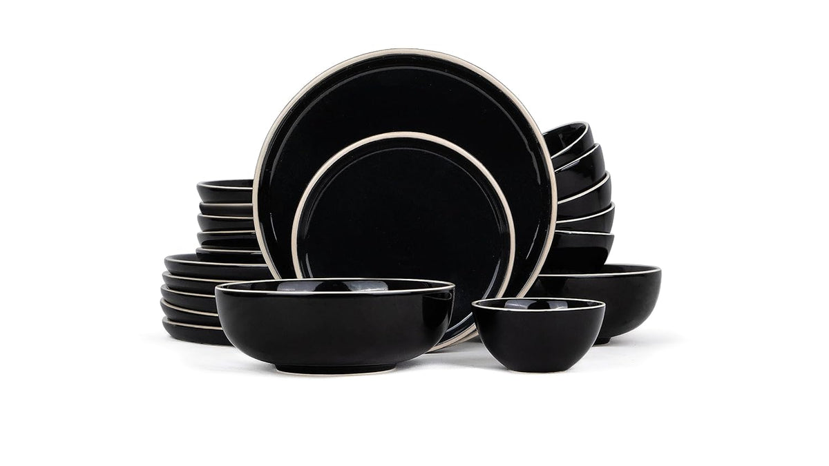 Ceramic Dinner Set Of 20 Pcs, Black Rim | Crockery Set For Dining Table - Glossy Finish Premium Stoneware | 6 Dinner Plates + 6 Quarter Plates+ 6 Veg Bowls, 180ml Each+ 2 Medium Bowls, 800ml Each