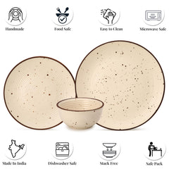 Ceramic Stoneware Dinner Set Of 6 - Beige | 2 Dinner Plates, 10.6 Inch Each+ 2 Small Plates, 7.4 Inch Each + 2 Small Dinner Bowls, 180ml Each | Scratch Resistant, Microwave & Dishwasher Safe