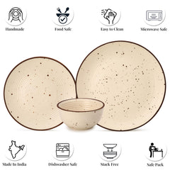 Handcrafted Ceramic Stoneware Dinner Set Of 6 Pcs, Beige | 2 Dinner Plates, 10.6 Inch Each + 2 Small Plates, 7.4 Inch Each + 2 Small Dinner Bowl, 180ml Each | Microwave & Dishwasher Safe