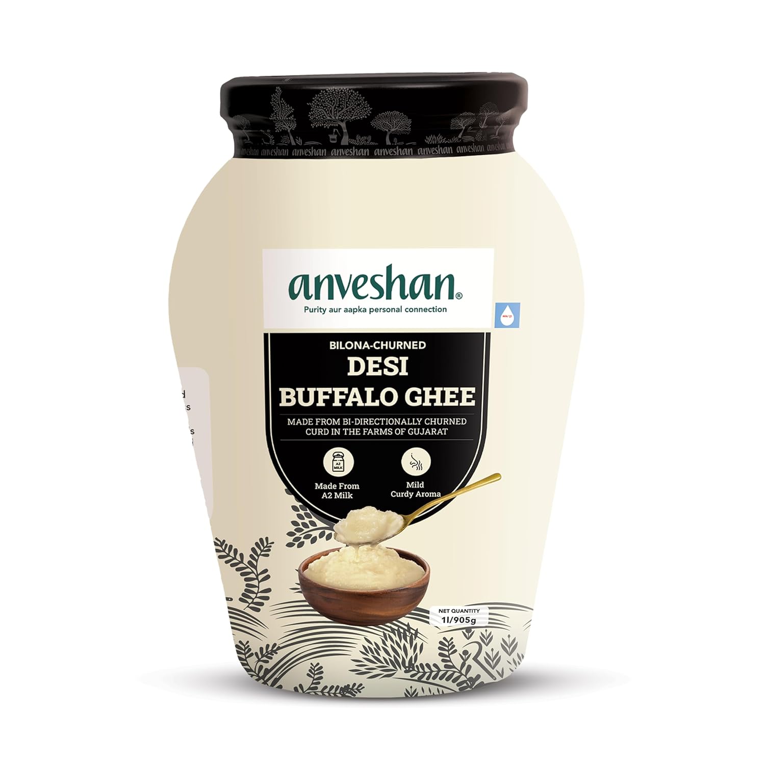 Pure Premium Desi Buffalo Ghee By Anveshan | High In Vitamins A, D & Healthy Bilona Method Desi Ghee For Boost Energy | (1 Litr) 33.8 Ounce | Jar Pack