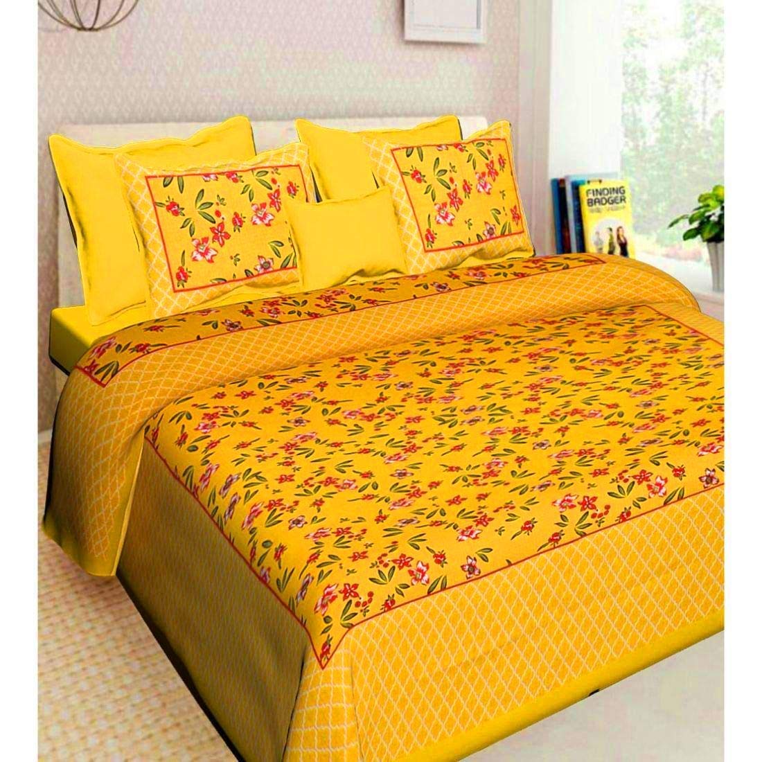 Printed Double Bedsheet For King Size With 2 Pillow Covers - 90 X 100 Inches, Yellow & Red | Better Use Soft Detergent For Long Durability