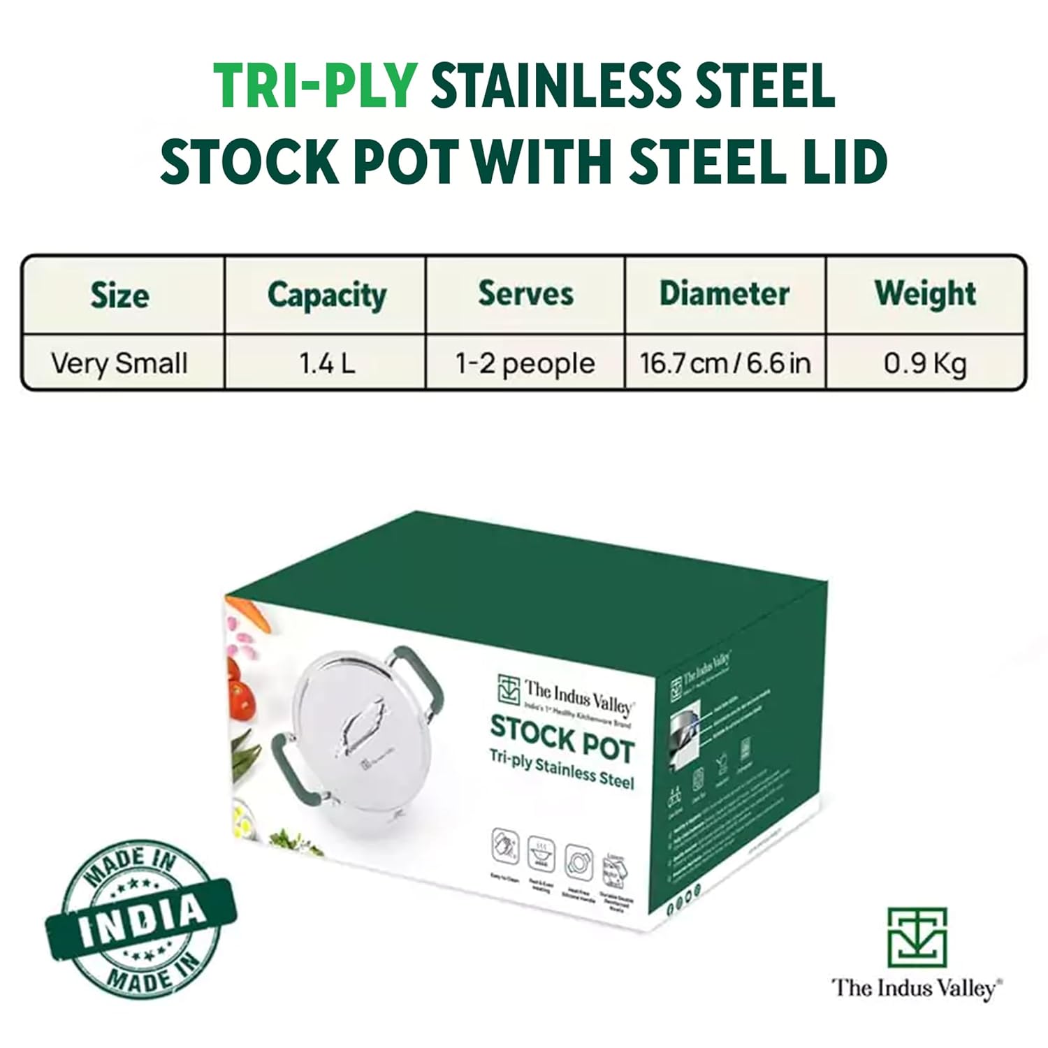 Triply Stainless Steel Stock Pot Or Casserole With Steel Lid | Very Small 16.7cm, 6.6 Inch, 1.4 Liters, 0.9 Kg - Induction Friendly, Nonstick 3-Layer Body, 100% Pure & Toxin-Free