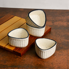 Handcrafted Ceramic Triangular Ribbed Dip Bowls Set Of 4 - White & Black, 50ml Each | Chutney Bowls, Ketchup Bowls - Mini Bowls