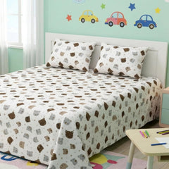Pure Cotton Kids Bedsheet Double Bed Queen Size With 2 Pillow Covers | 90 X 100 Inches, White & Brown | Fun Cartoon Theme, Soft & Breathable Fabric