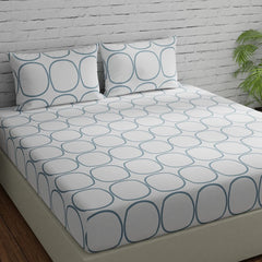 Double Bedsheet For Queen Size - 60 X 78 Inches, With 2 Pillow Covers, White (Blue Circles) | All Around Elastic Fitted Bedsheet Set