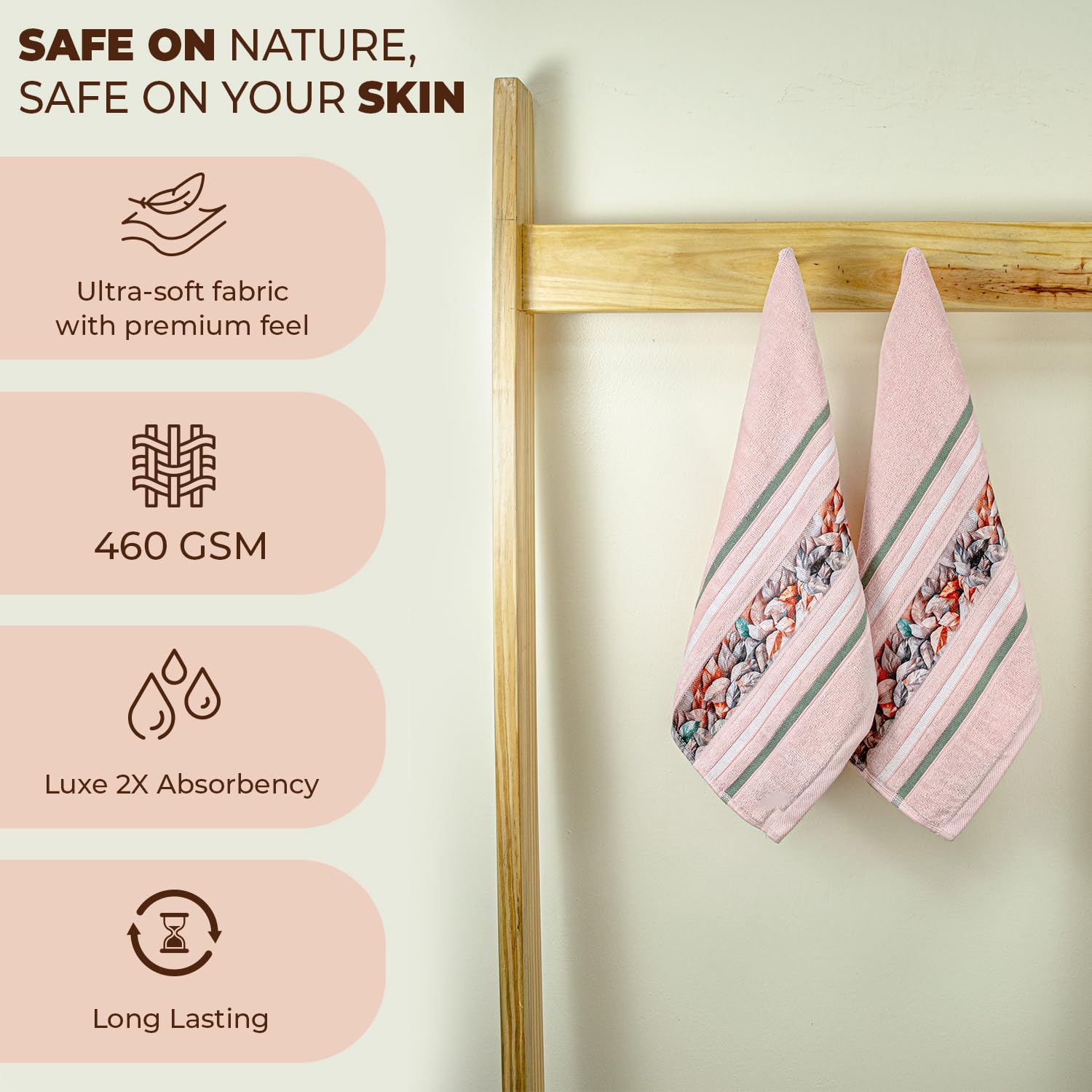 Rangoli 100% Cotton Hand Towel 450 Gsm | Hanging Towel Soft, Luxury & Highly Absorbent Towels Fade Resistant & Multipurpose Hand Towels (Peach) - Pack Of 2