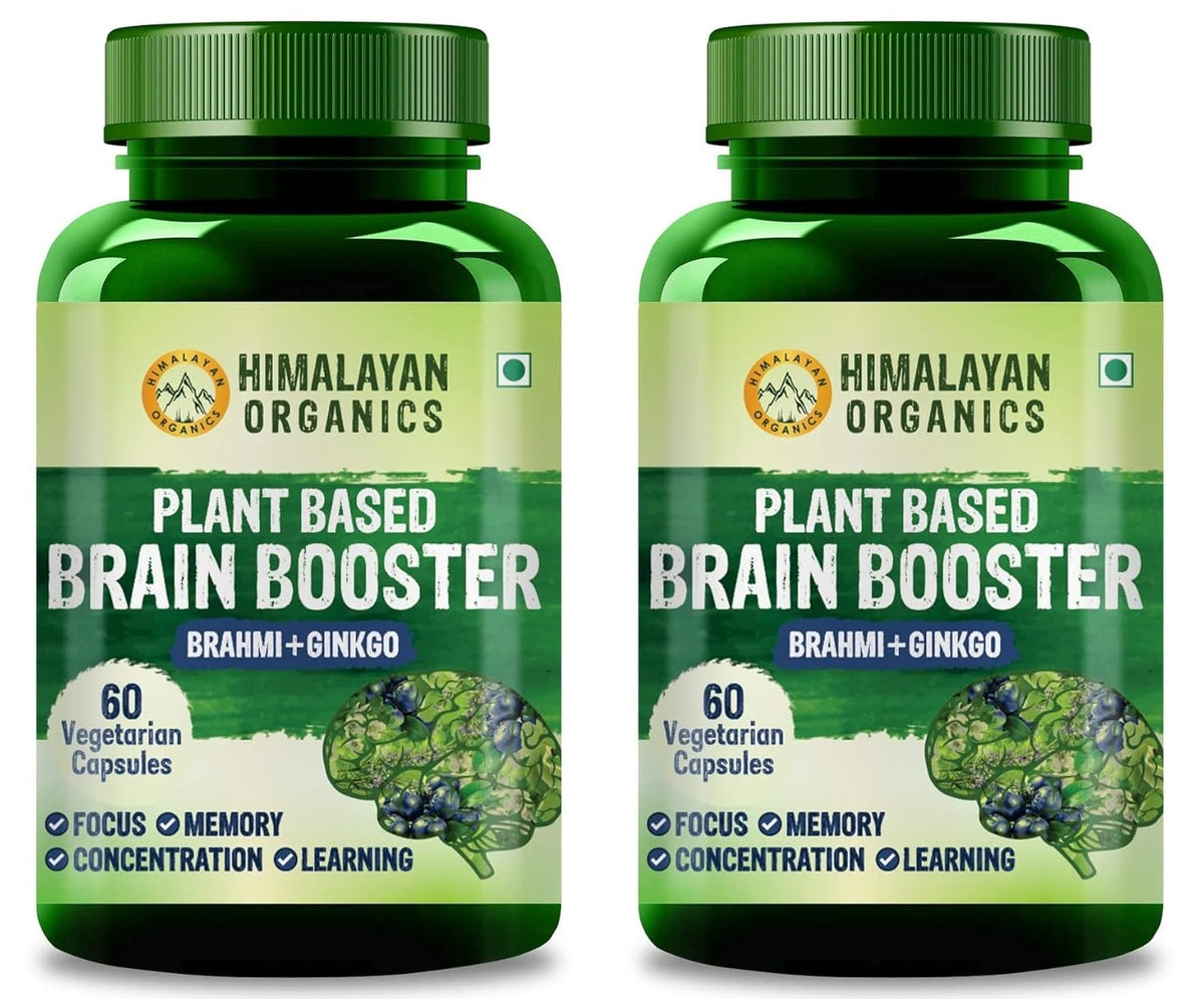 Himalayan Organics Plant Based Brain Booster Supplement With Ginkgo Biloba & Brahmi, Healthy Brain, Stress Relief, Improve Focus | 60 Veg Capsules 100gm 0.2lbs Each Pack Of 2